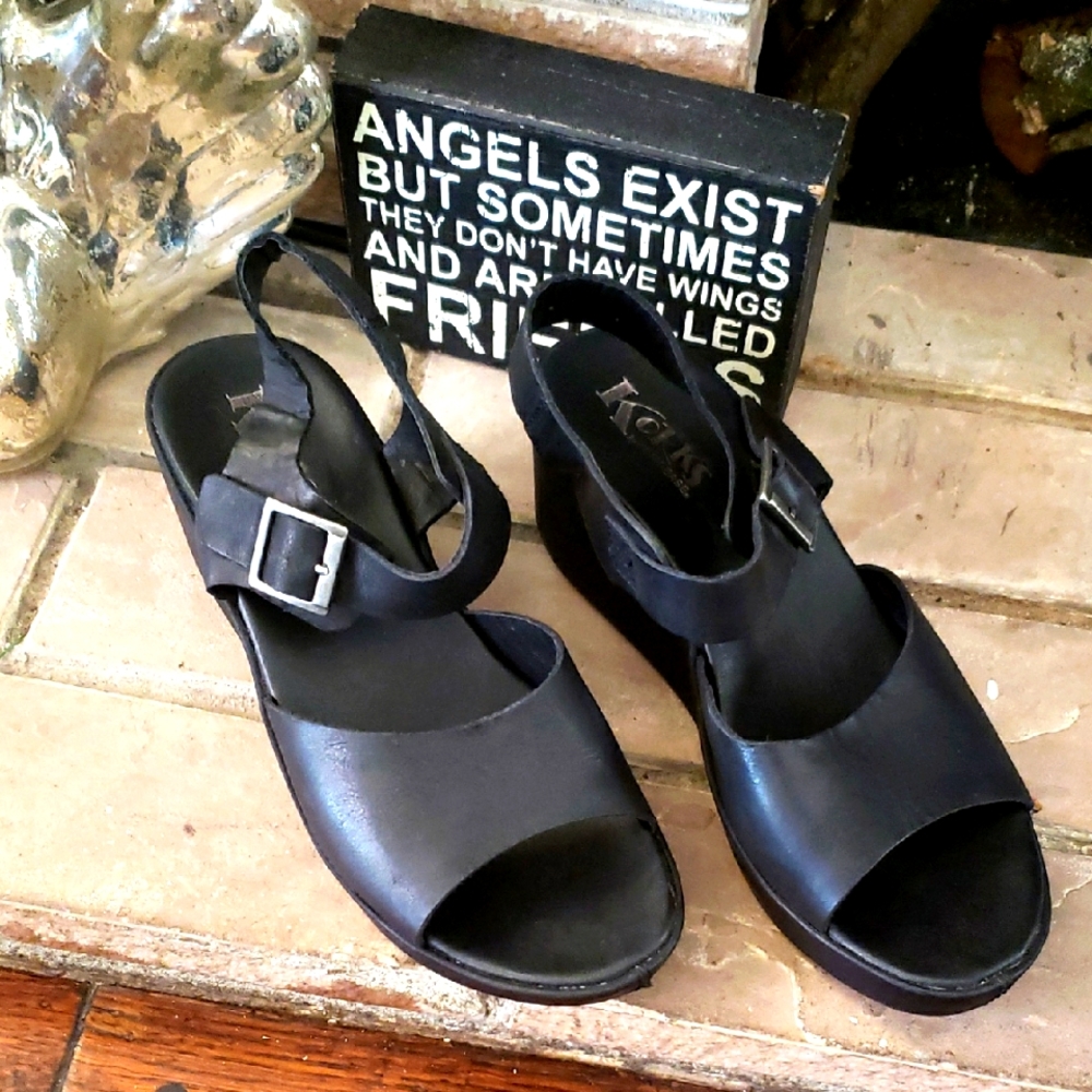 Korks By Kork-Ease Black Leather Wedge Sandals Size 10